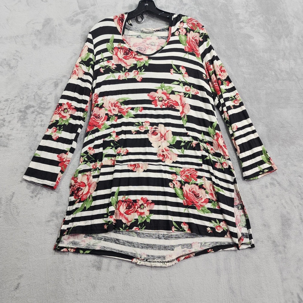 Hopely Top Womens L Multicolor Striped Floral‎ Linen Blend Crochet Hoodie Tunic